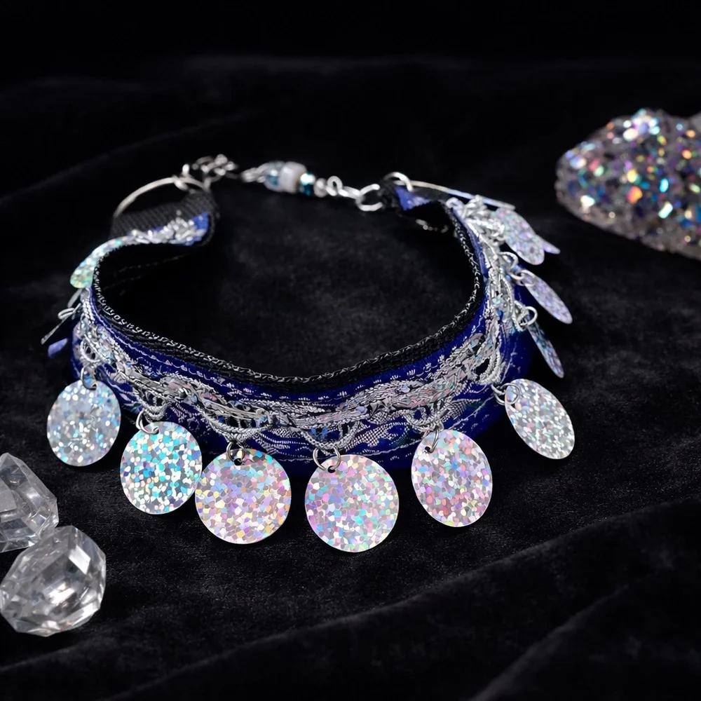 Festival Choker Necklace Handmade Navy + Silver Iridescent Sequin Coins Signed - Picture 3 of 15